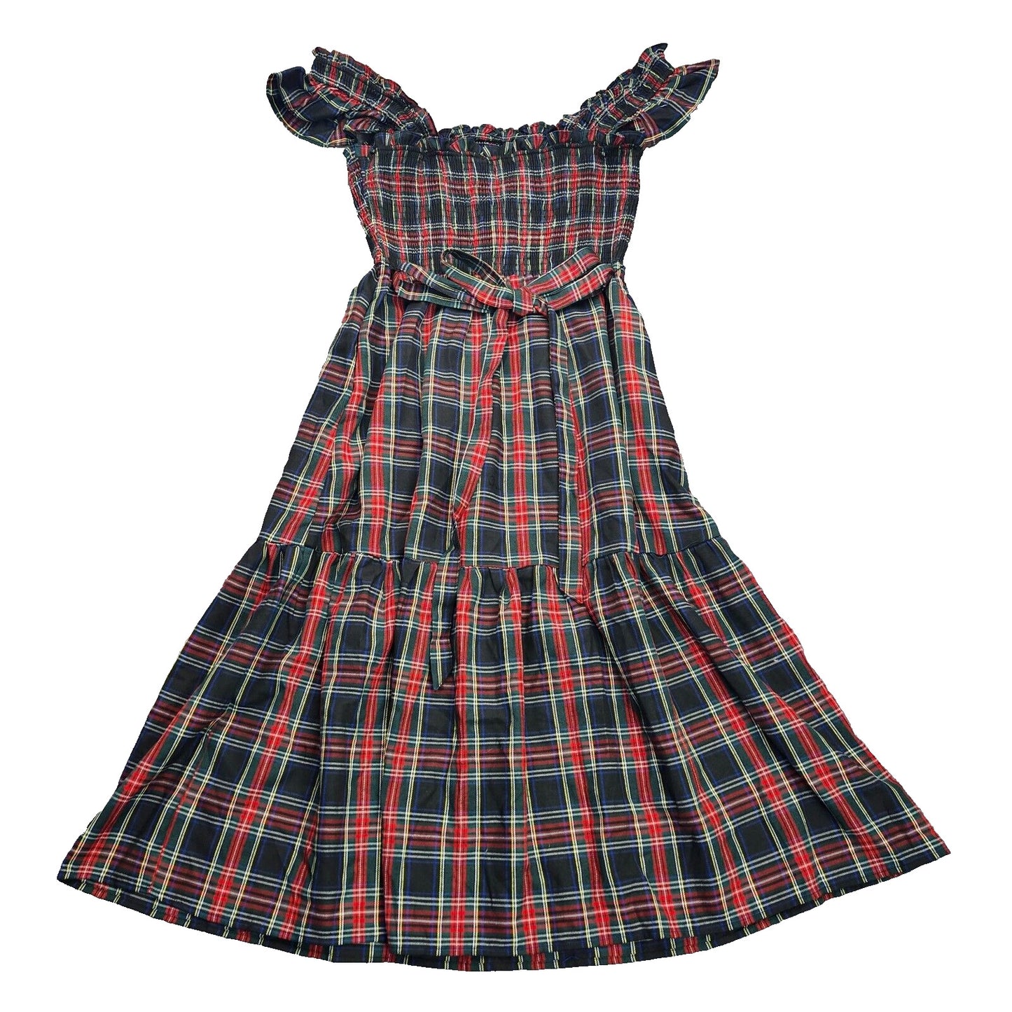 New York & Company Womens Ruffle Sleeve Tartan Smocked Dress sz Large
