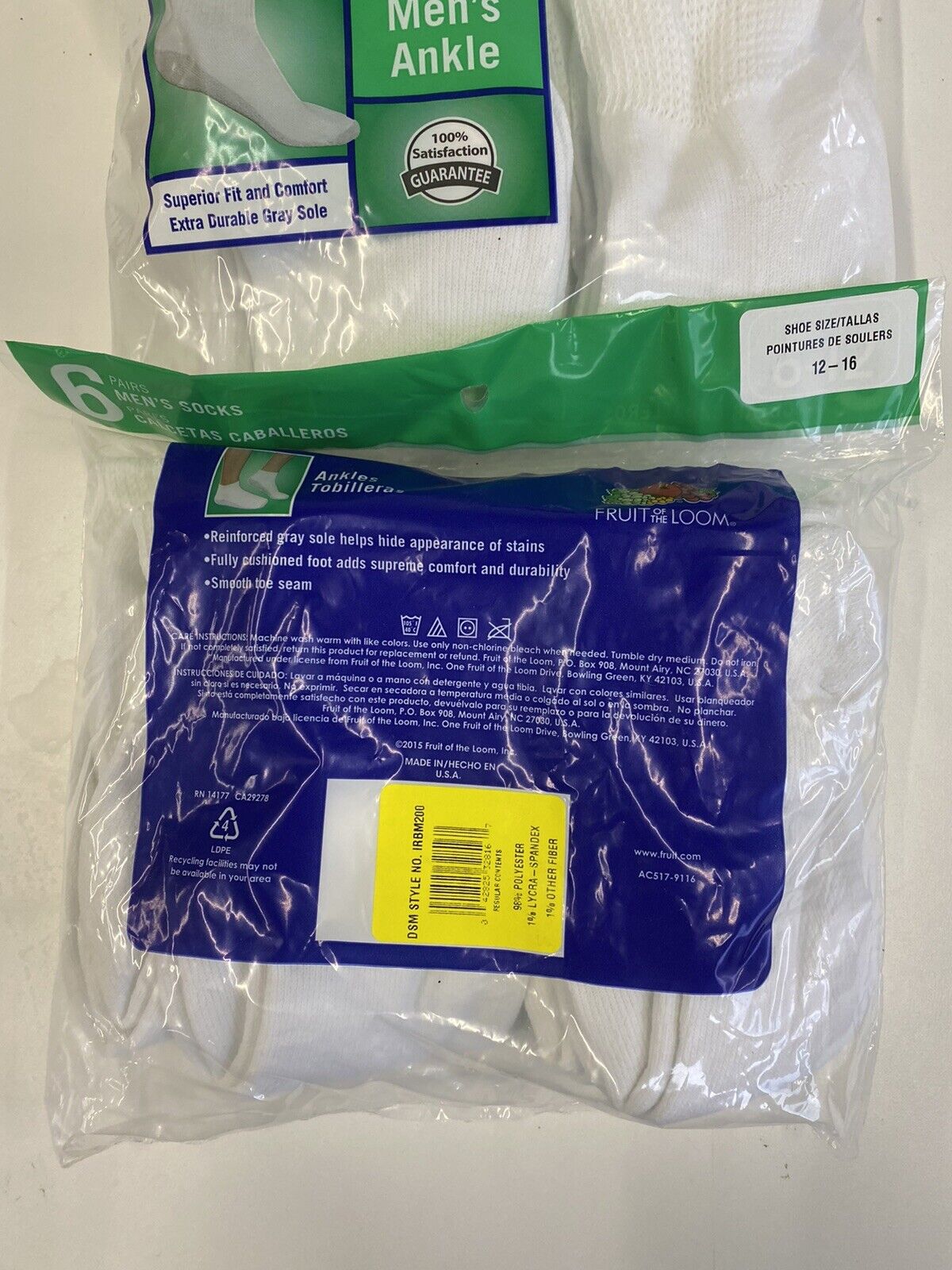 X2 Fruit of the Loom 6 Pack Men's Ankle White Socks Size 6-12 Slightly Imperfect