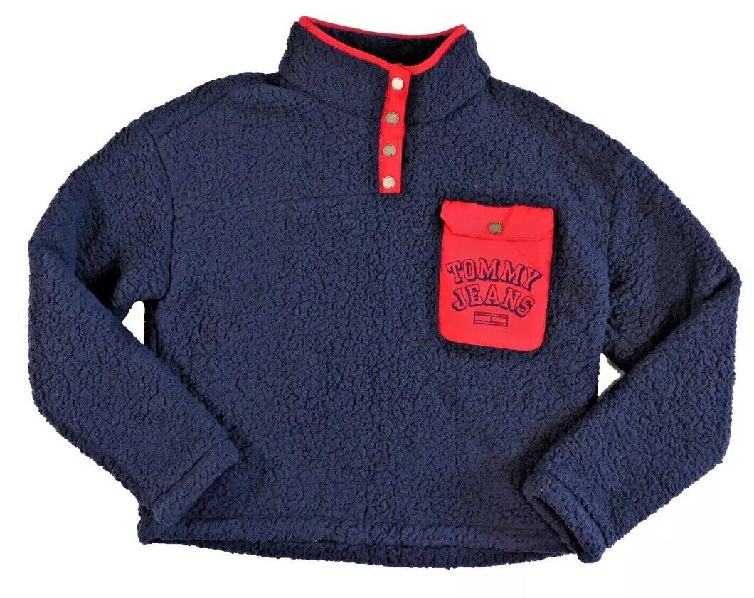 $99 Womens Tommy Jeans Hilfiger Logo Pocket 1/4 Snap Fleece Sherpa Pullover M