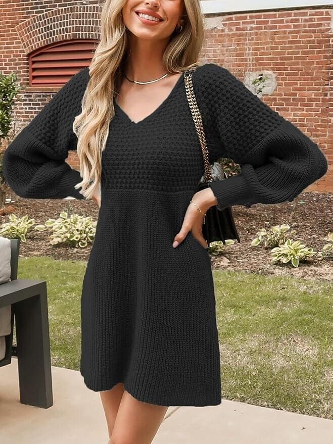 Sweater Dress V Neck Honeycomb Long Sleeve Textured Fall Knit Pullover Medium