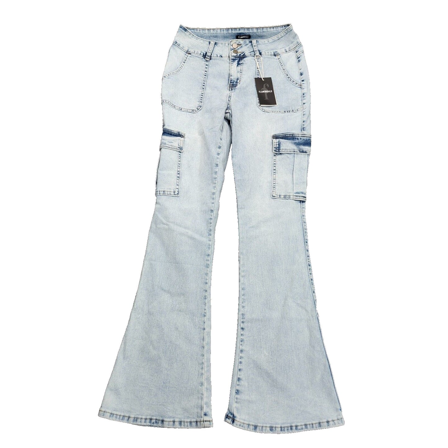 Flamingals Women's Low Rise Cargo Flare Jeans Medium