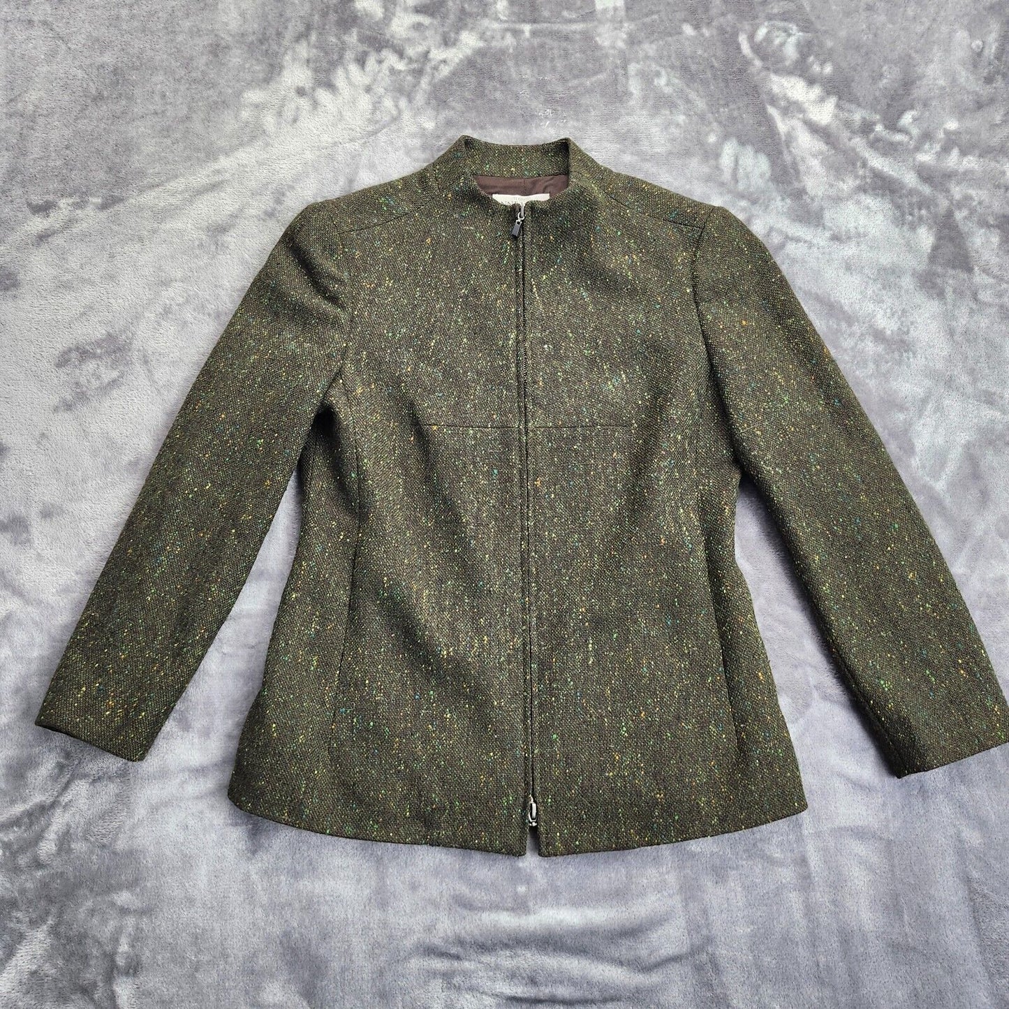 ANNE KLEIN Women's Green Flecked 100% Wool Zip Up Jacket Size 6P
