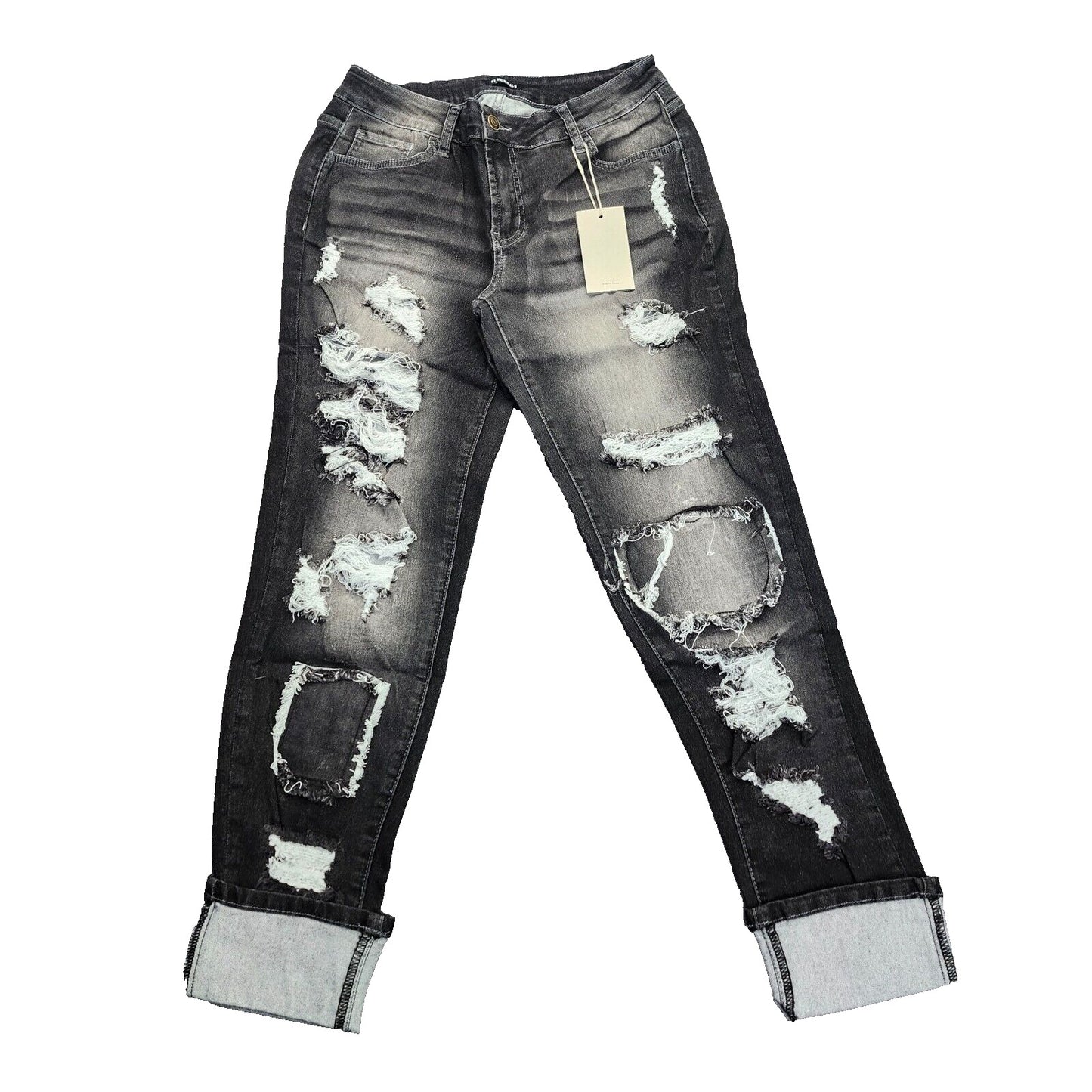 NWT Flamingals Women's Skinny Ripped Black Jeans Size Large