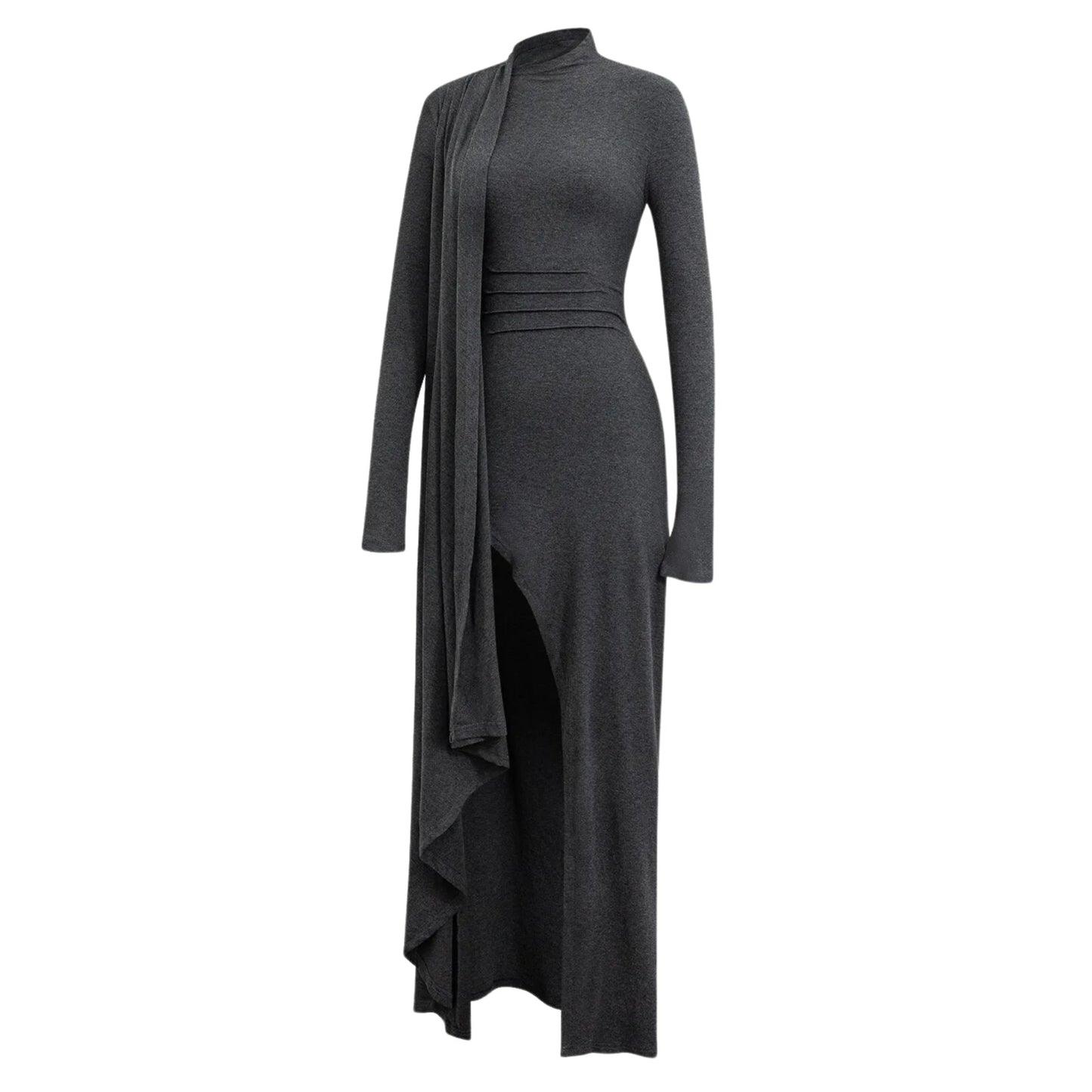 MICAS Womens Funnel Neck Wrap Ruched Long Sleeve Slit Maxi Dress Medium
