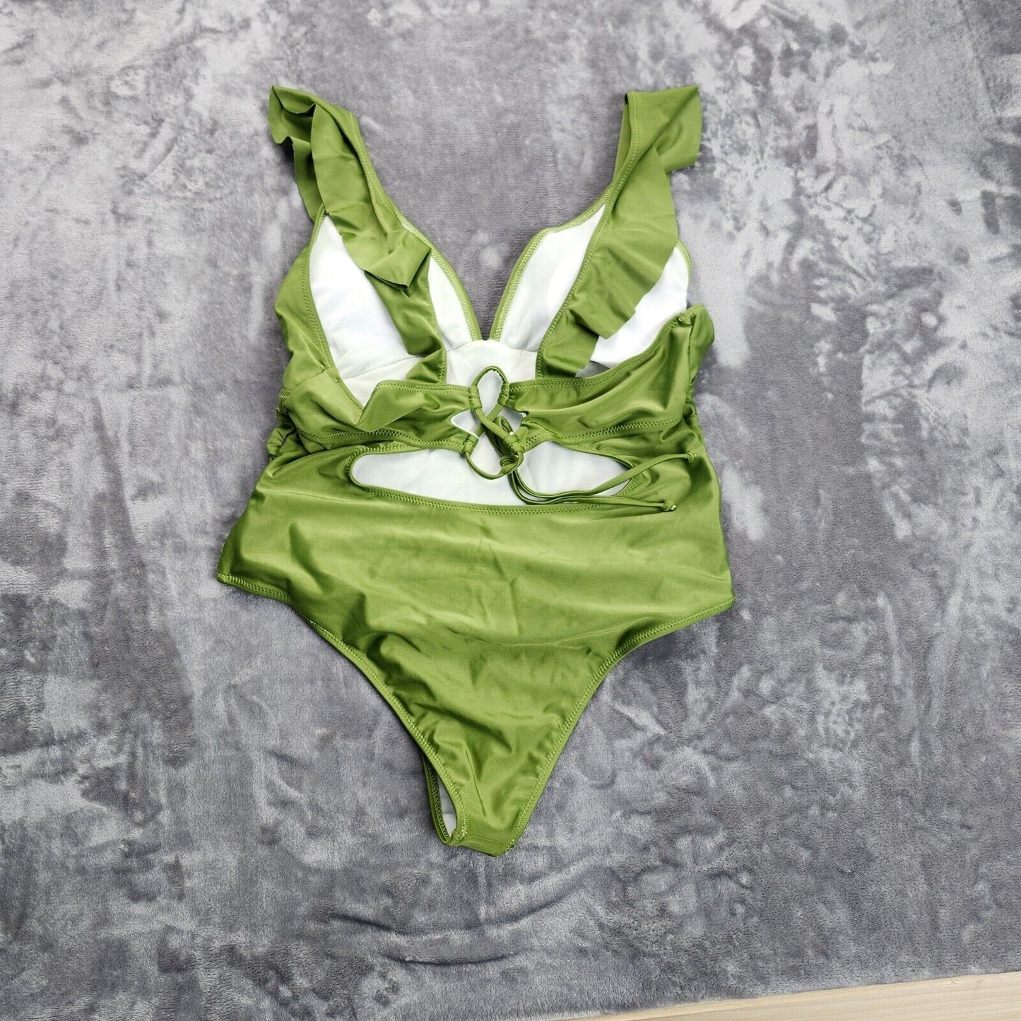 Women's Ruffle One Piece Swimsuit V Neck Olive Print Bathing Suit M