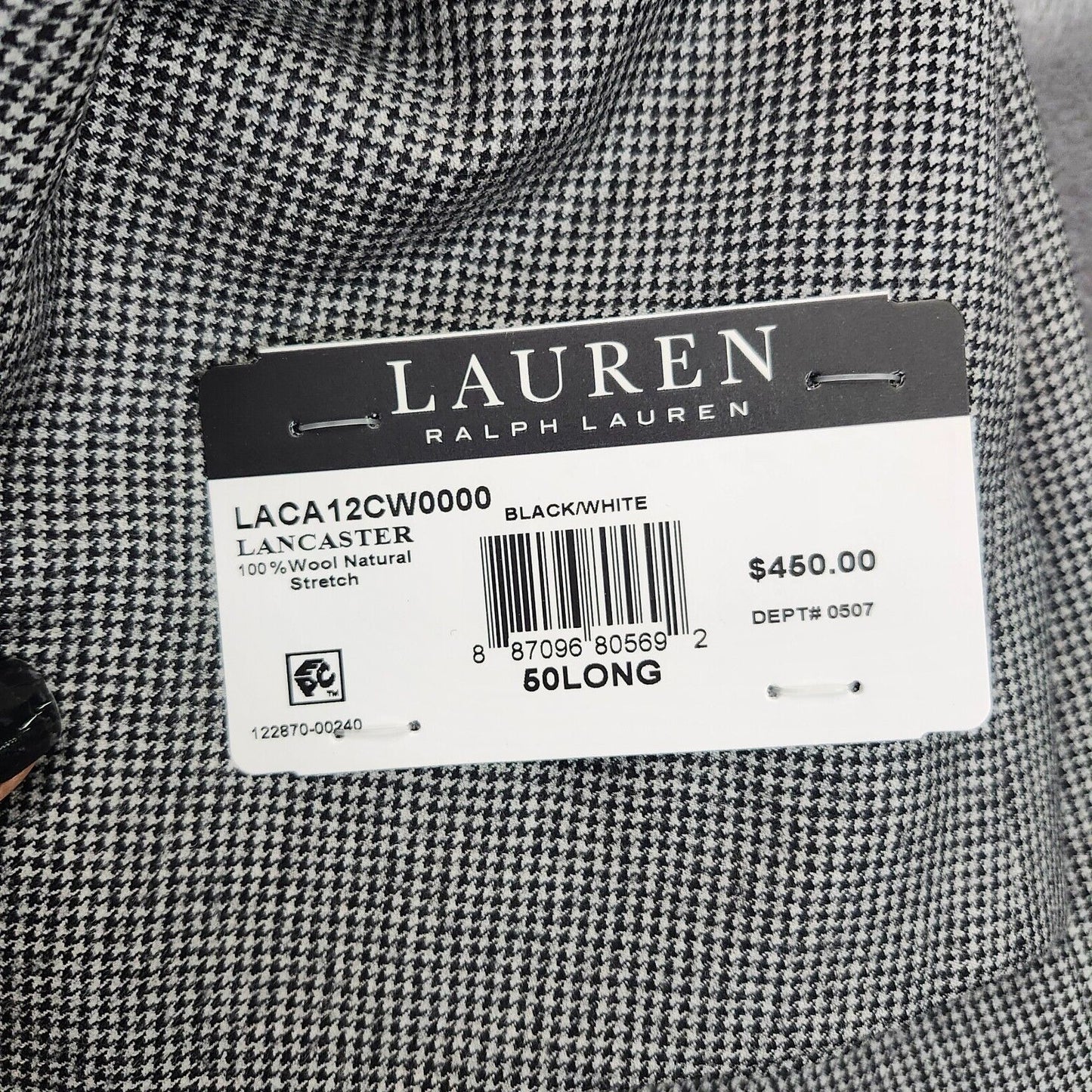 Lauren Ralph Lauren Classic-Fit Wool Suit Jacket Black/White Houndstooth 50L NWT