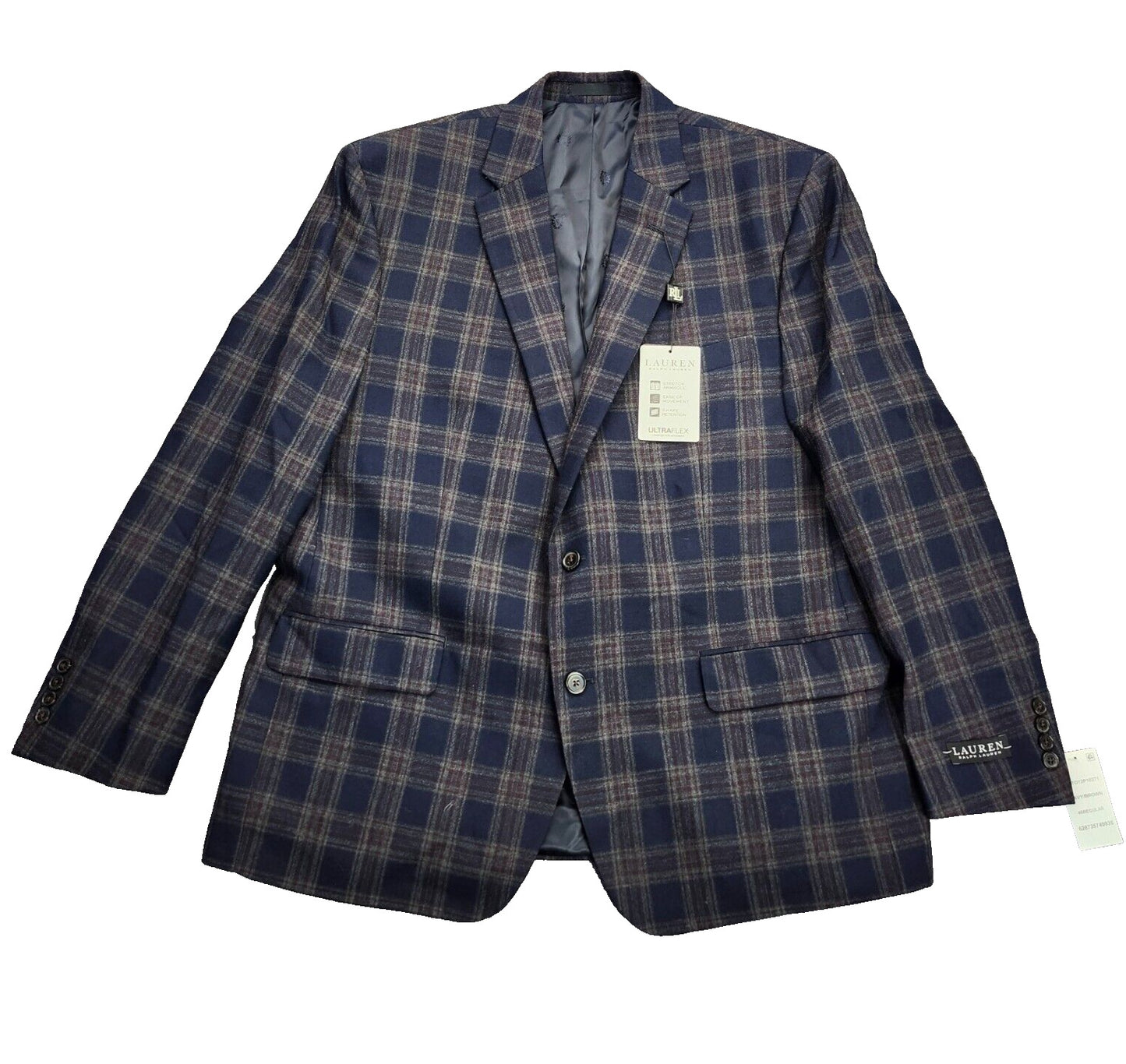 Lauren Ralph Lauren Polyester Blue Plaid Suit Jacket Blazer 46R NWT