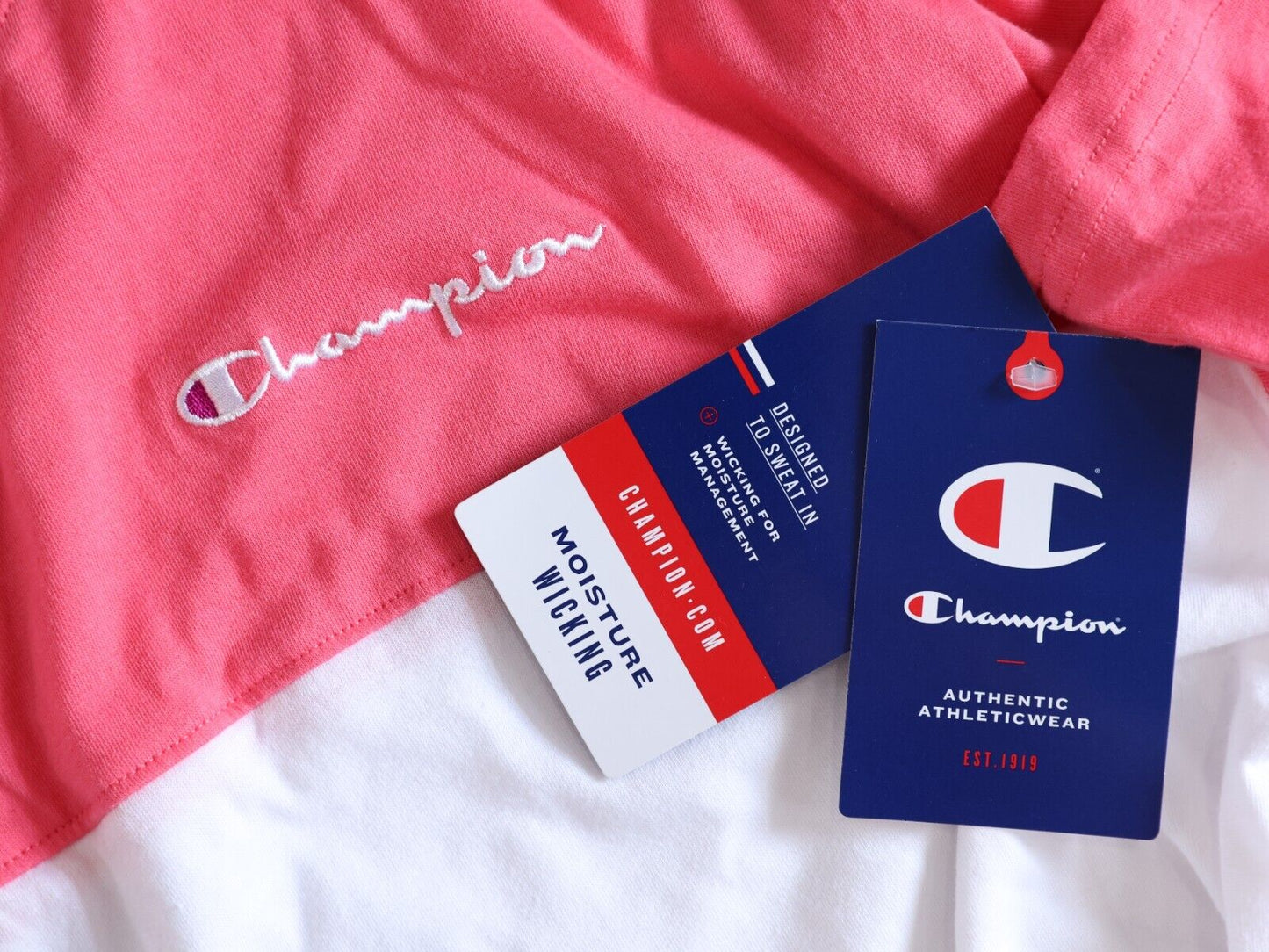Champion Mens Pink and White Color Block Tee Shirt Size XL