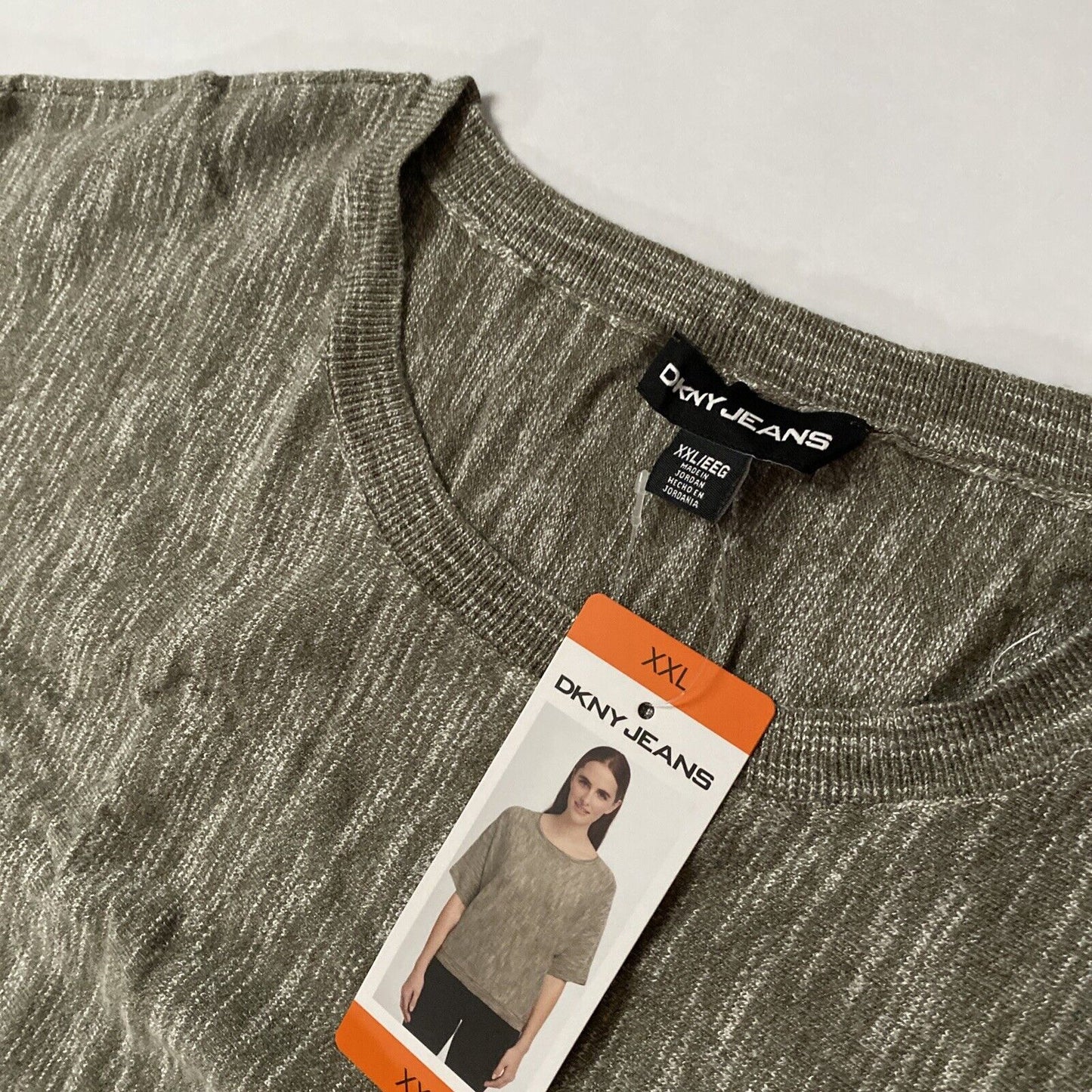 DKNY Jeans Shirt Top Women (Size XXL) Sag Sage Knit Pullover Short Sleeve