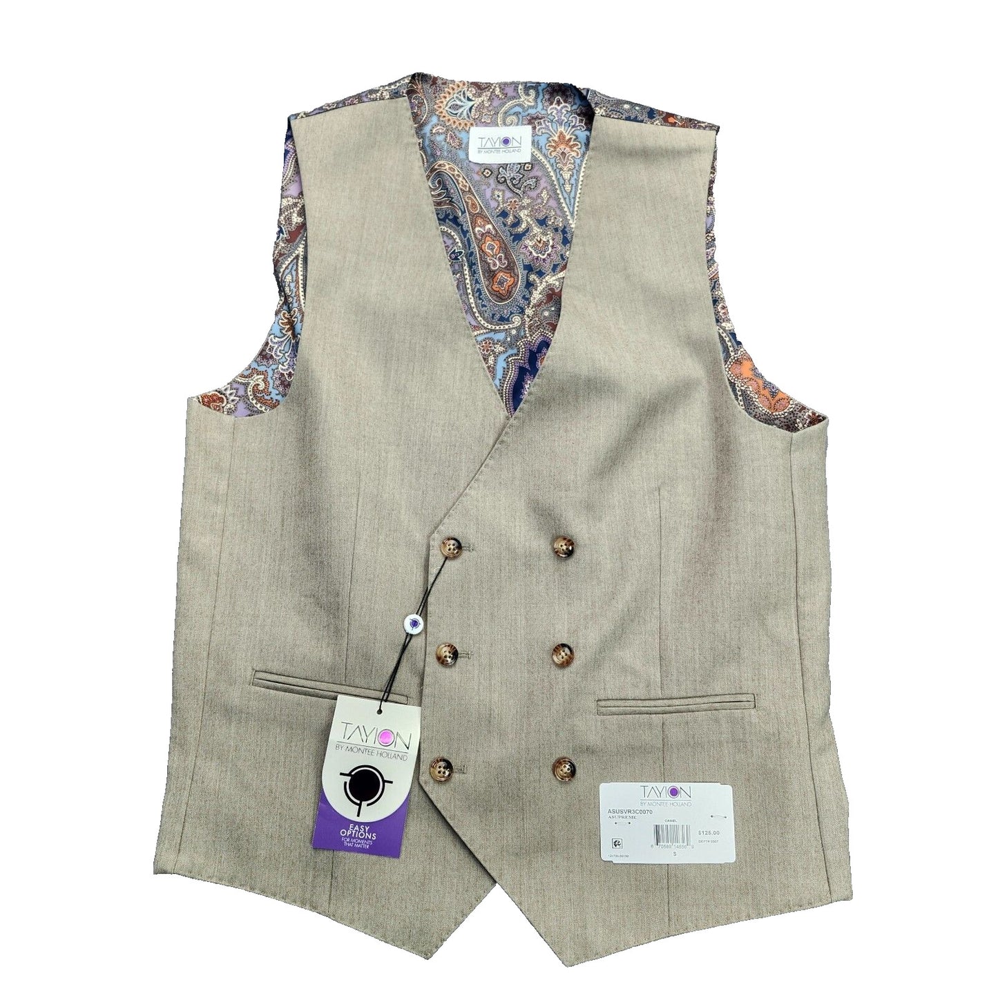 TAYION By Montee Holland Mens Tan Wool Blend Paisley Vest Pike Stitching Small