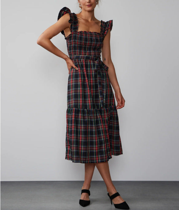 New York & Company Womens Ruffle Sleeve Tartan Smocked Dress sz Large
