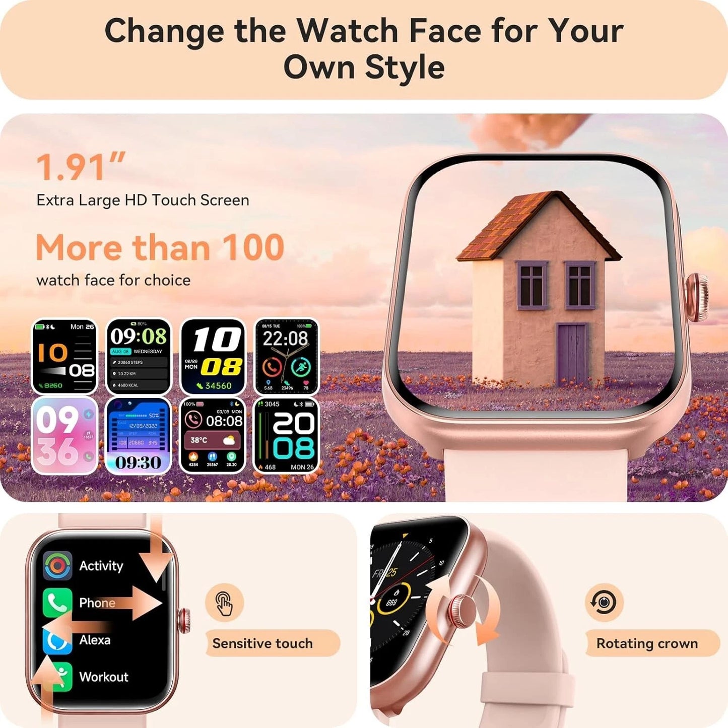 Smart Watch for Men Women, Bluetooth Call, Alexa Built-in 1.8, PINK