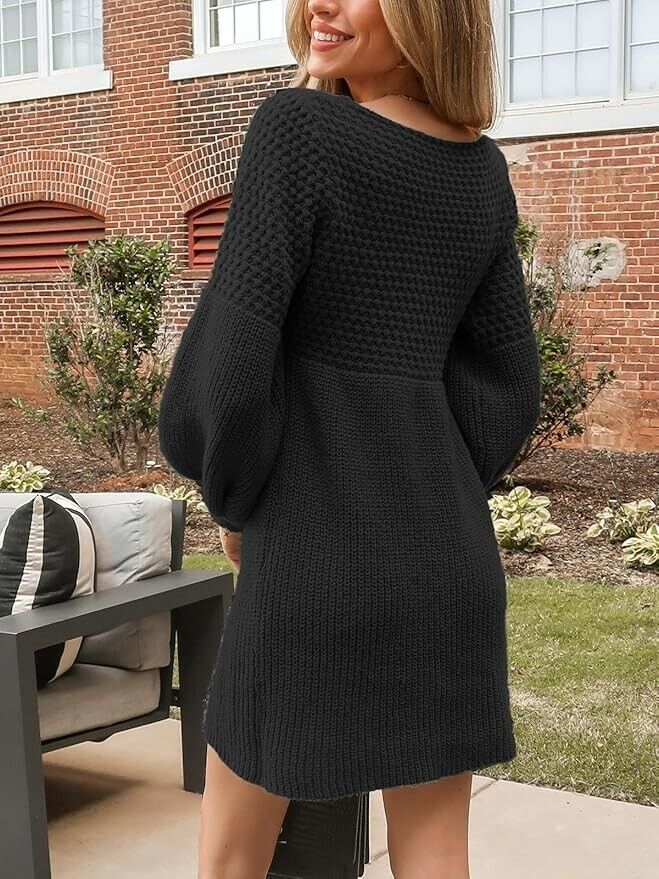 Sweater Dress V Neck Honeycomb Long Sleeve Textured Fall Knit Pullover Medium
