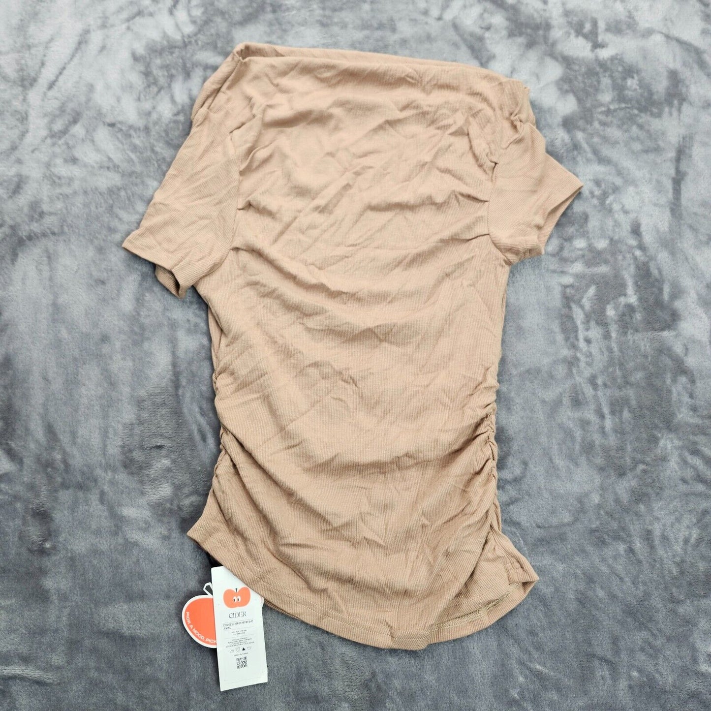 CIDER Womens Off Shoulder Tan Ribbed T shirt XS