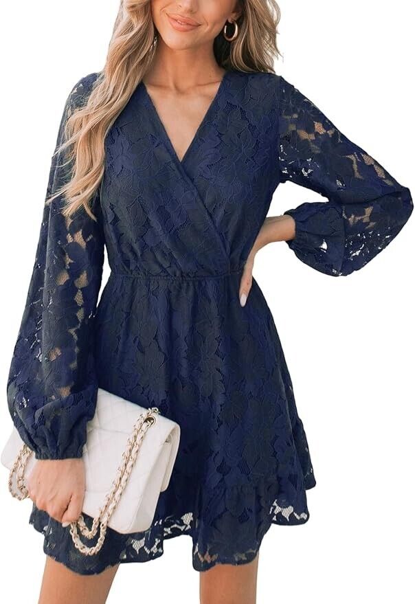Elegant V Neck Lace Peasant Sleeves Summer Dress High Waist A Line XL