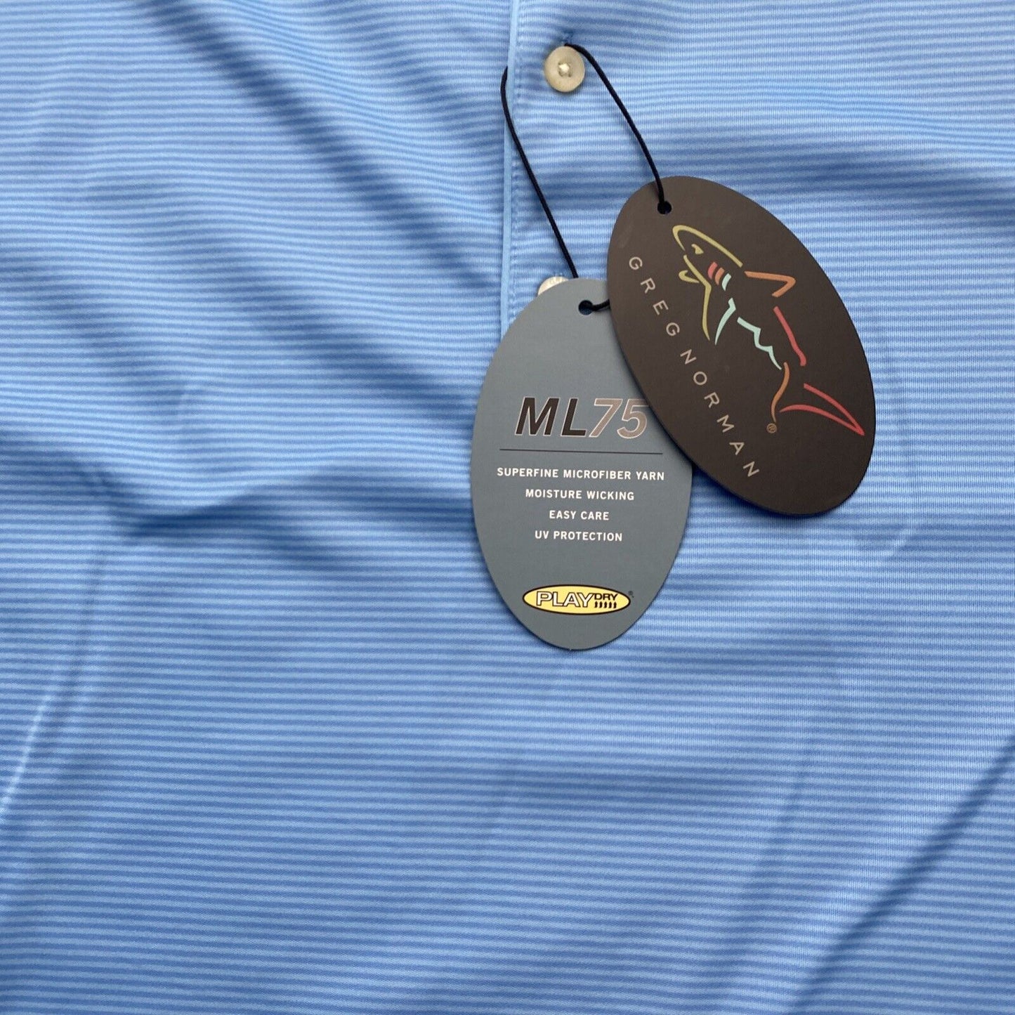 Greg Norman Golf Polo Shirt Men's Play Dry Performance Nany Blue Striped
