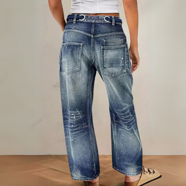 Flamingals Women's Drawstring Grommet Eyelet Mid Waist Wide Leg Barrel Jeans 4/6