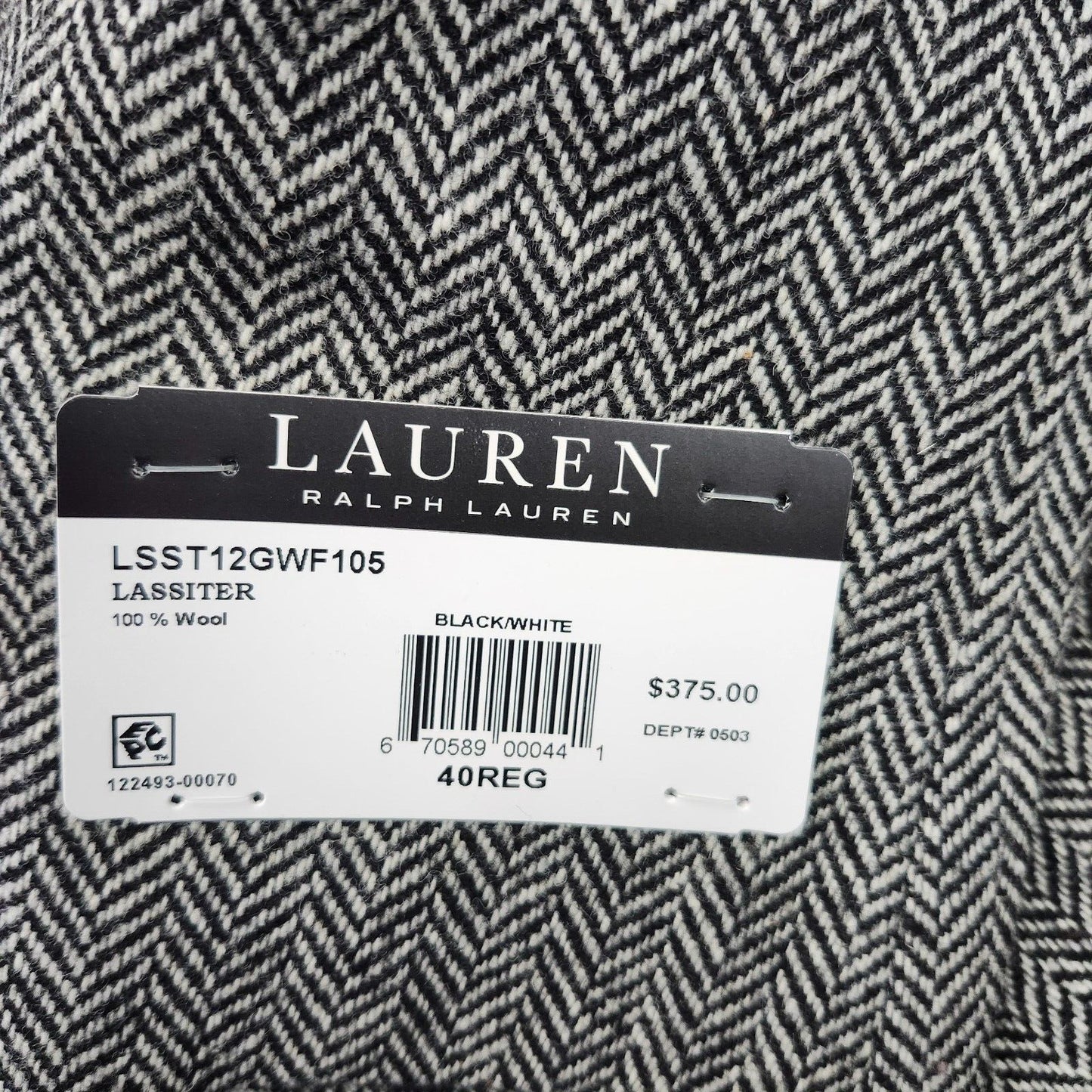 Lauren Ralph Lauren Classic-Fit Wool Suit Jacket Black/White Herringbone 40R NWT