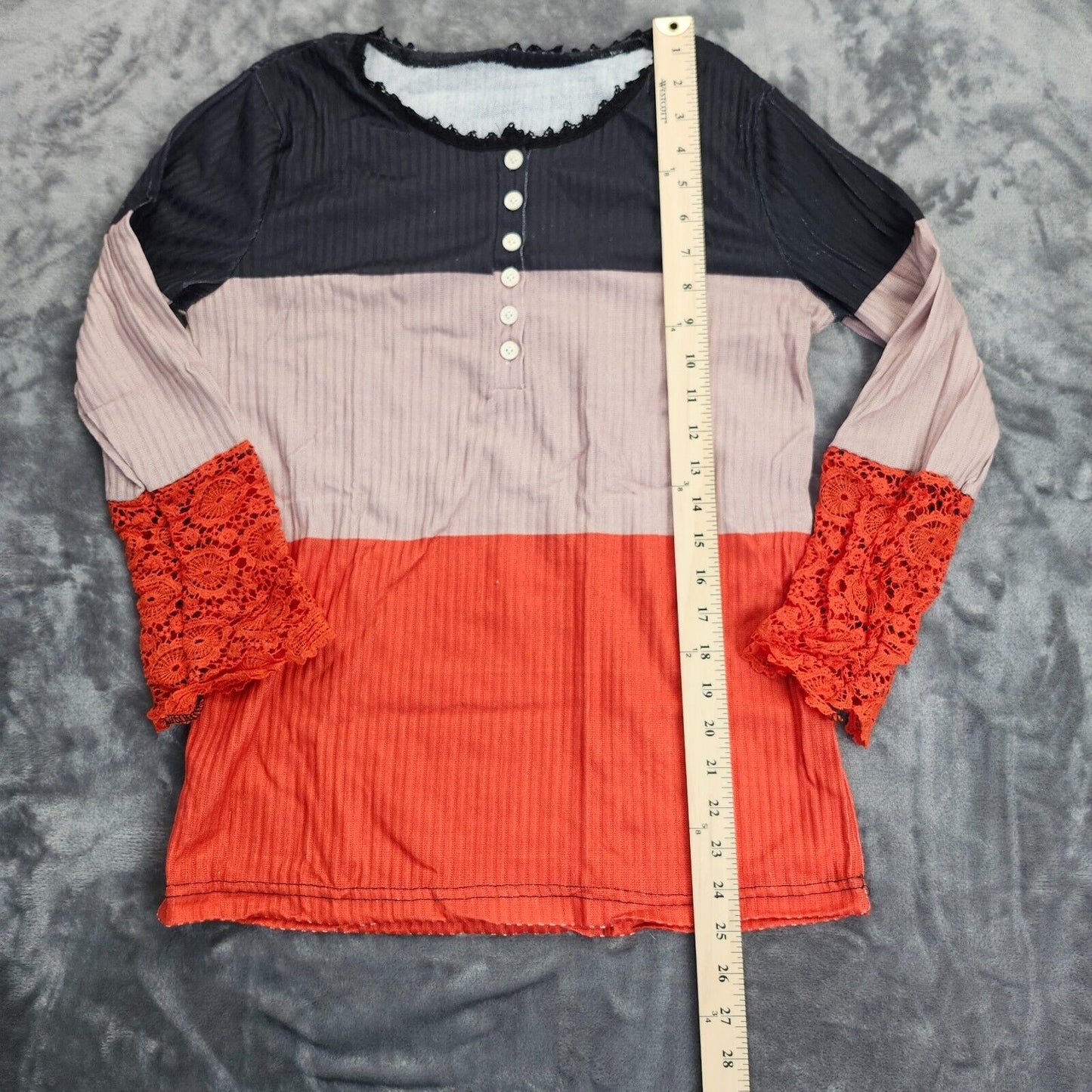 Women's Slim Tops Shirt Long Sleeve Hole Striped U-Neck Top Buttoned L