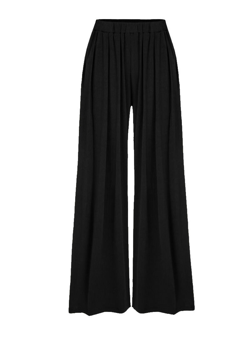 Cider Solid Elastic Waist Pocket Wide Leg Pants Black - Size M