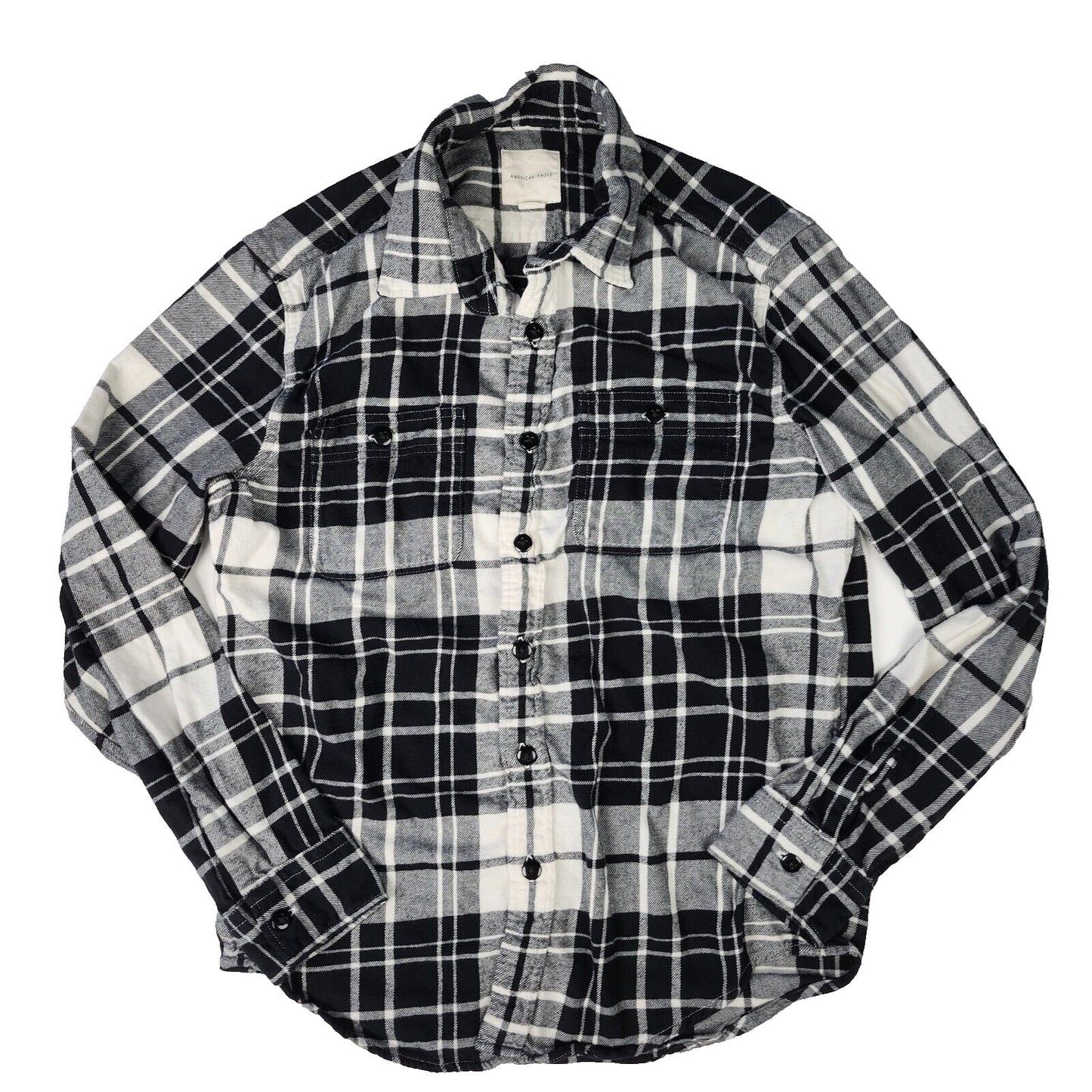 American Eagle Tartan Flannel Casual Button Shirt Mens Size Large L Black White