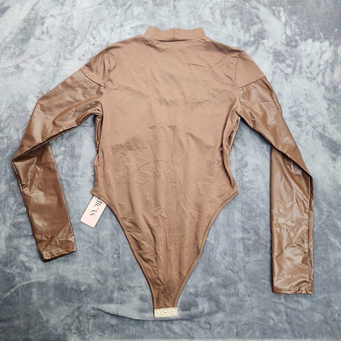 MICAS Mock Neck Faux Leather Paneled Long Sleeve Bodysuit Brown sz Large
