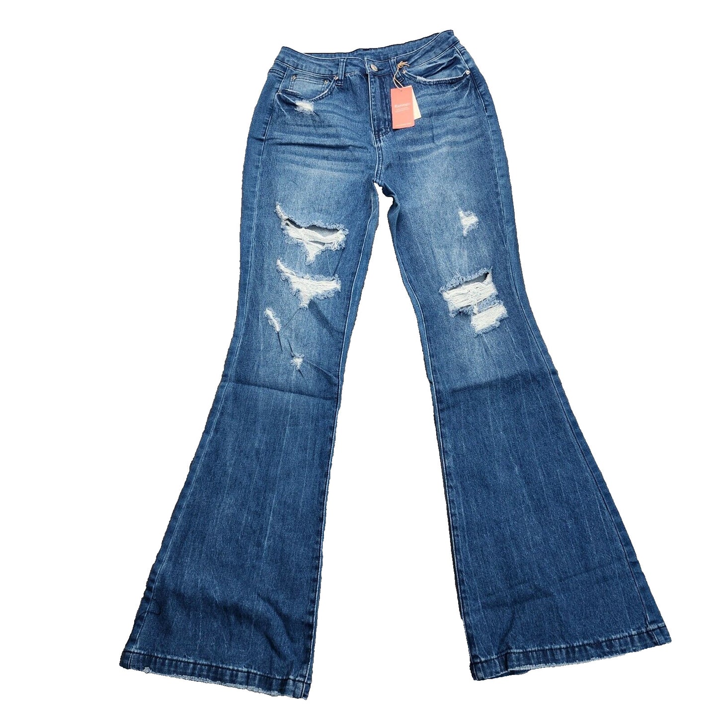 Flamingals Womens High Rise Distressed Flared Denim Jeans Large