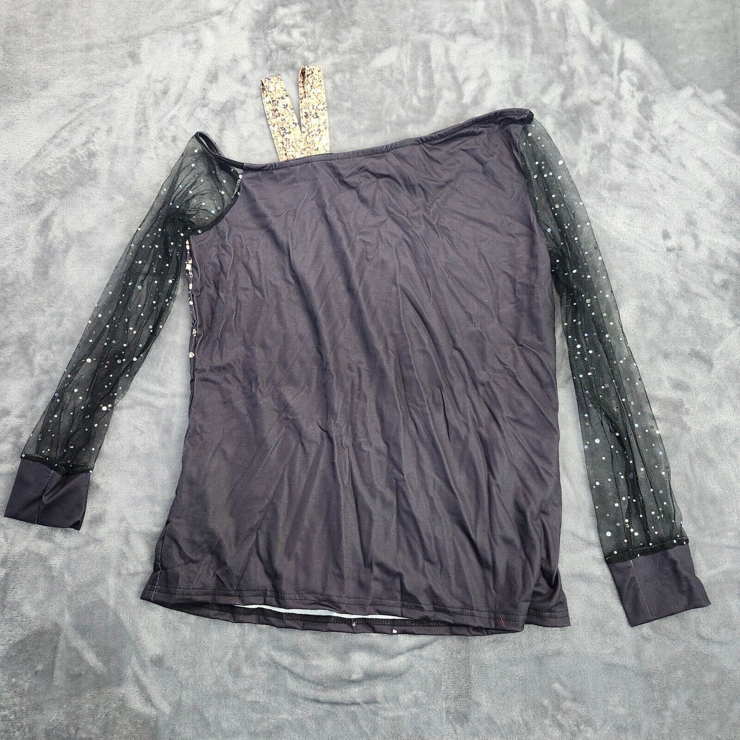 luhan Women's Mesh Cold Shoulder Tops Shiny Mesh Splicing Long Sleeve Shirts Sm