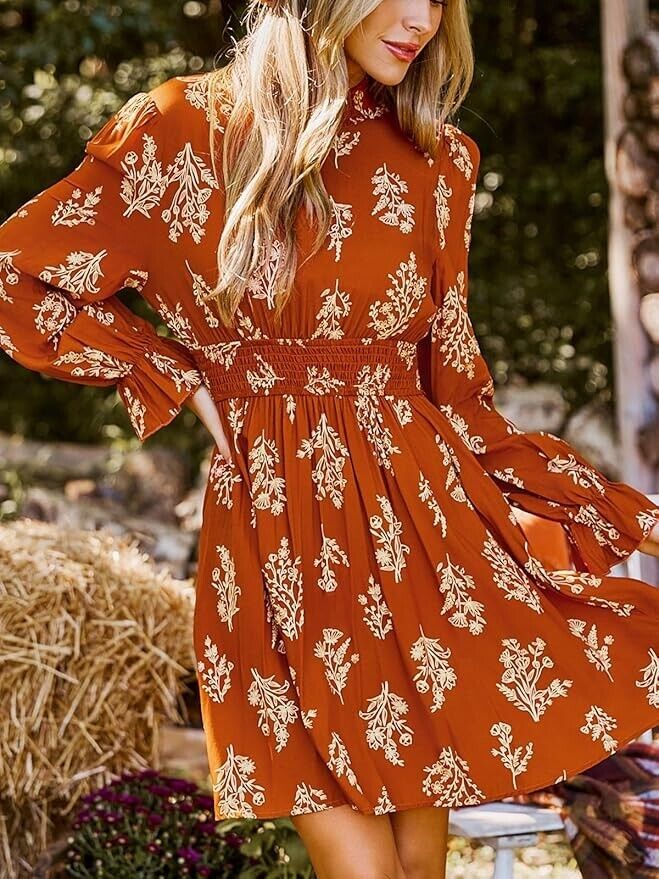 CUPSHE Women's Mock Neck Floral Mini Fall Dress Long Ruffle Sleeve size XL