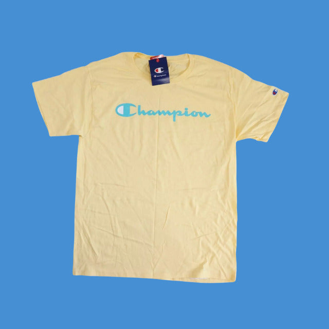 Champion Yellow T-Shirt Men's Jersey Tee Classic Fit Script Logo Size Medium