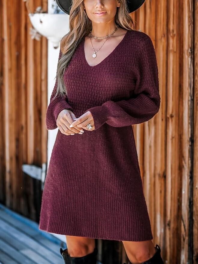 Sweater Dress V Neck Honeycomb Long Sleeve Textured Fall Knit Pullover SMALL