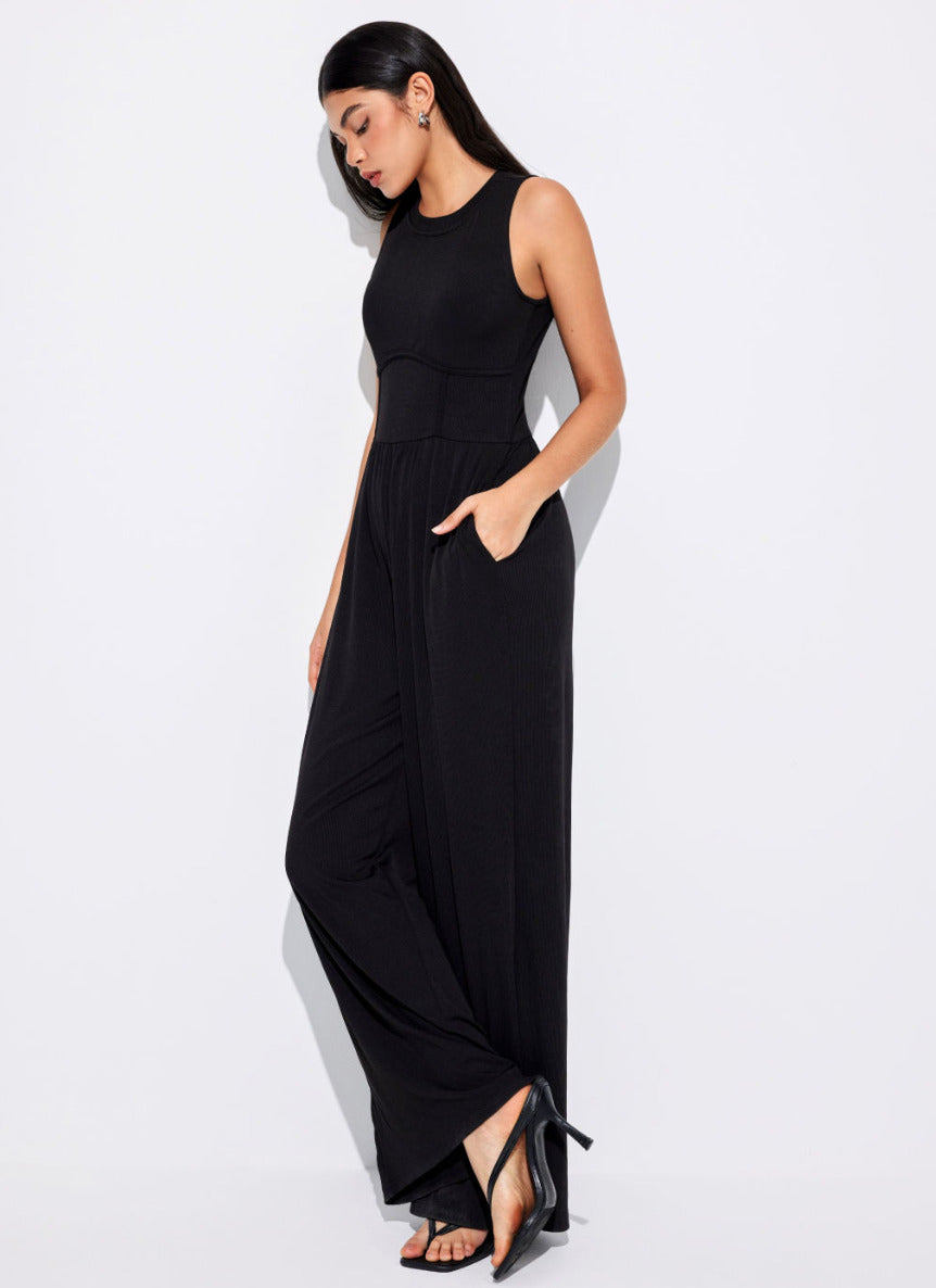 Cider Solid Sleeveless Wide Leg Jumpsuit Black - Size S - NEW