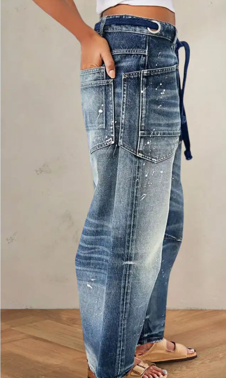 Flamingals Women's Drawstring Grommet Eyelet Mid Waist Wide Leg Barrel Jeans 4/6