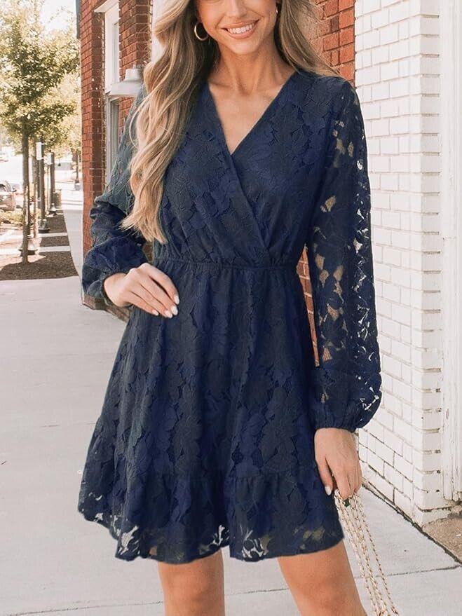 Elegant V Neck Lace Peasant Sleeves Summer Dress High Waist A Line XL