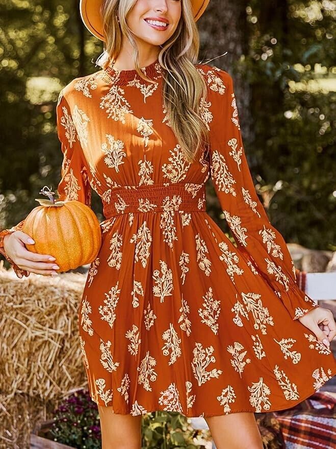CUPSHE Women's Mock Neck Floral Mini Fall Dress Long Ruffle Sleeve size XL