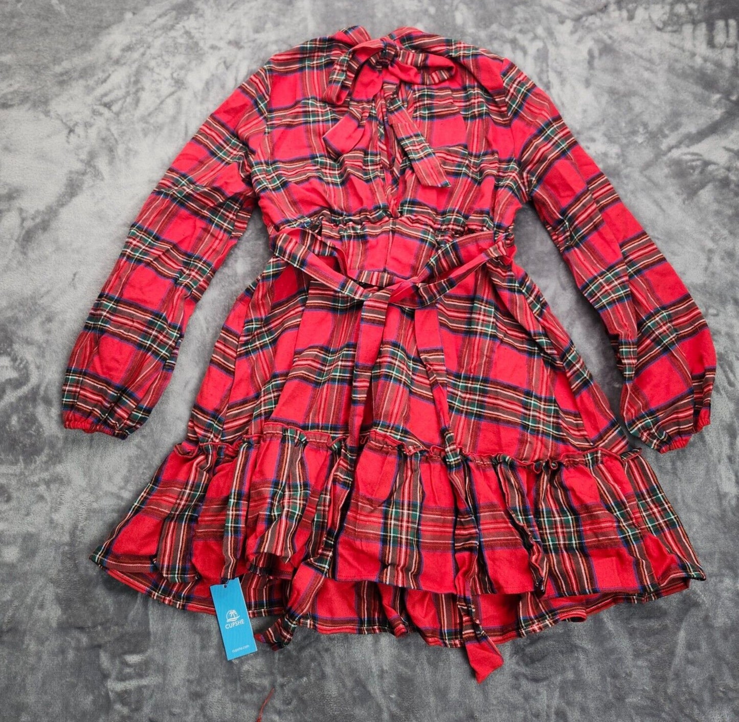 CUPSHE Women's Plaid Fall Dress Long Sleeve Tie Belt Large
