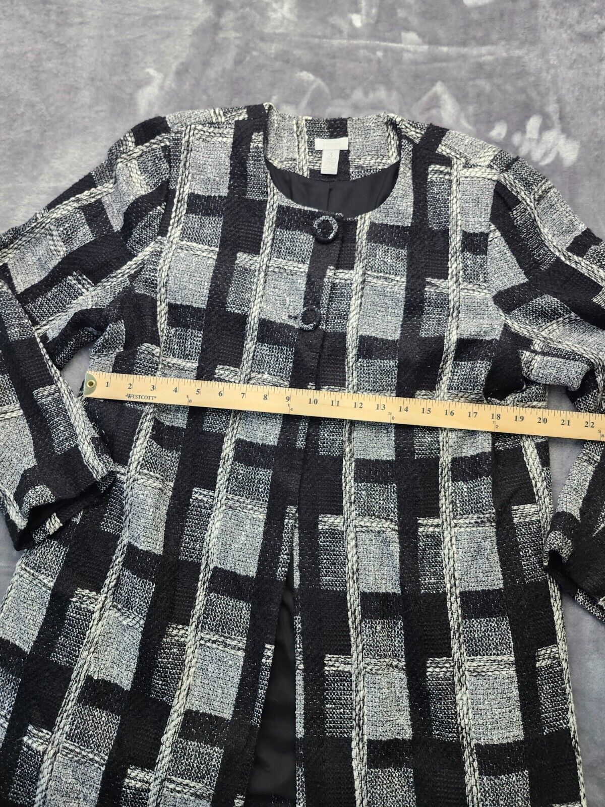 Chico's Size (Size 3) Plaid 2 Button Open Duster Coat Black & White