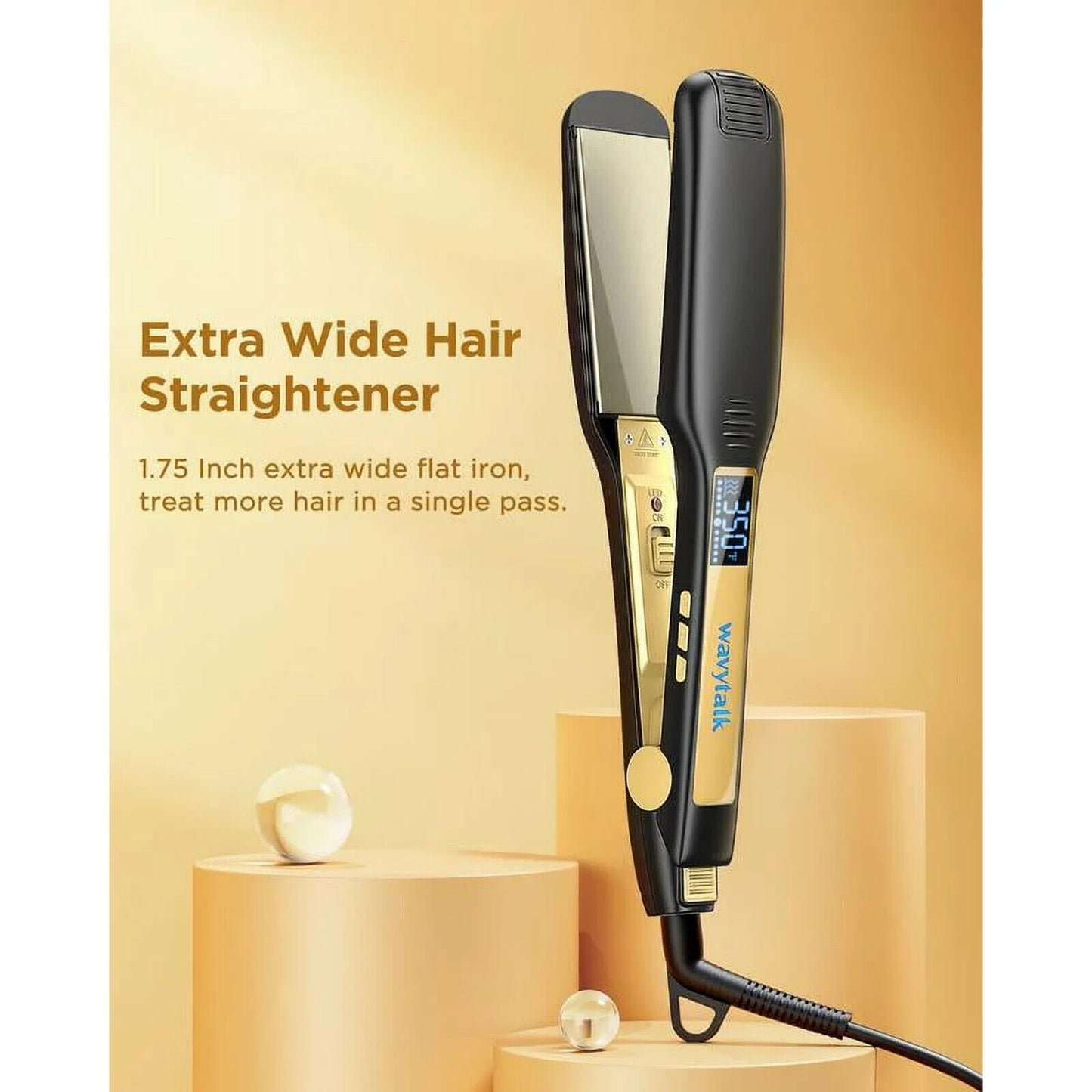 Wavytalk Hair Straightener 1.7 Inch Wide Titanium Wet 2 Dry Flat Iron Black Gold