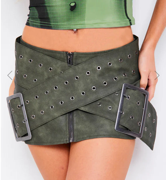 MICAS Women's Faux Leather Green Crossover Belt Mini Skirt Medium