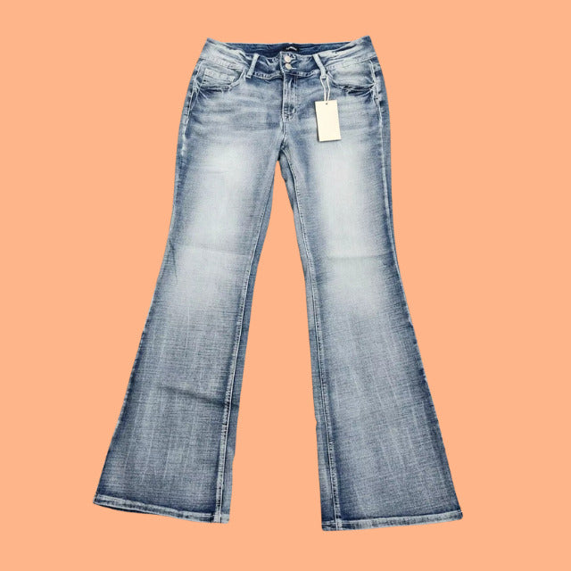 NWT Flamingals Women's Flared Leg Faded Blue Jeans w/ Stars Pockets Size Large