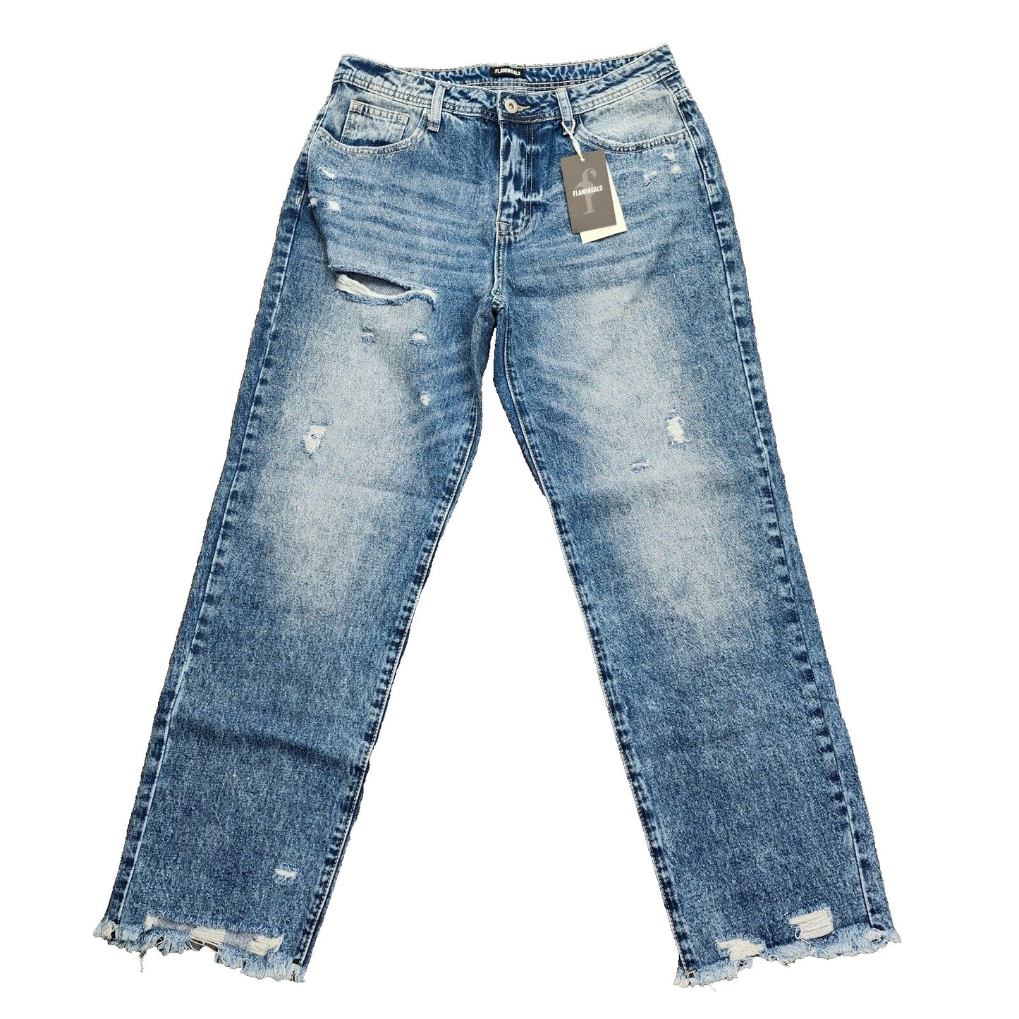 NWT Flamingals Women's High Waist Straight Ripped Ankle Blue Jeans Size Medium