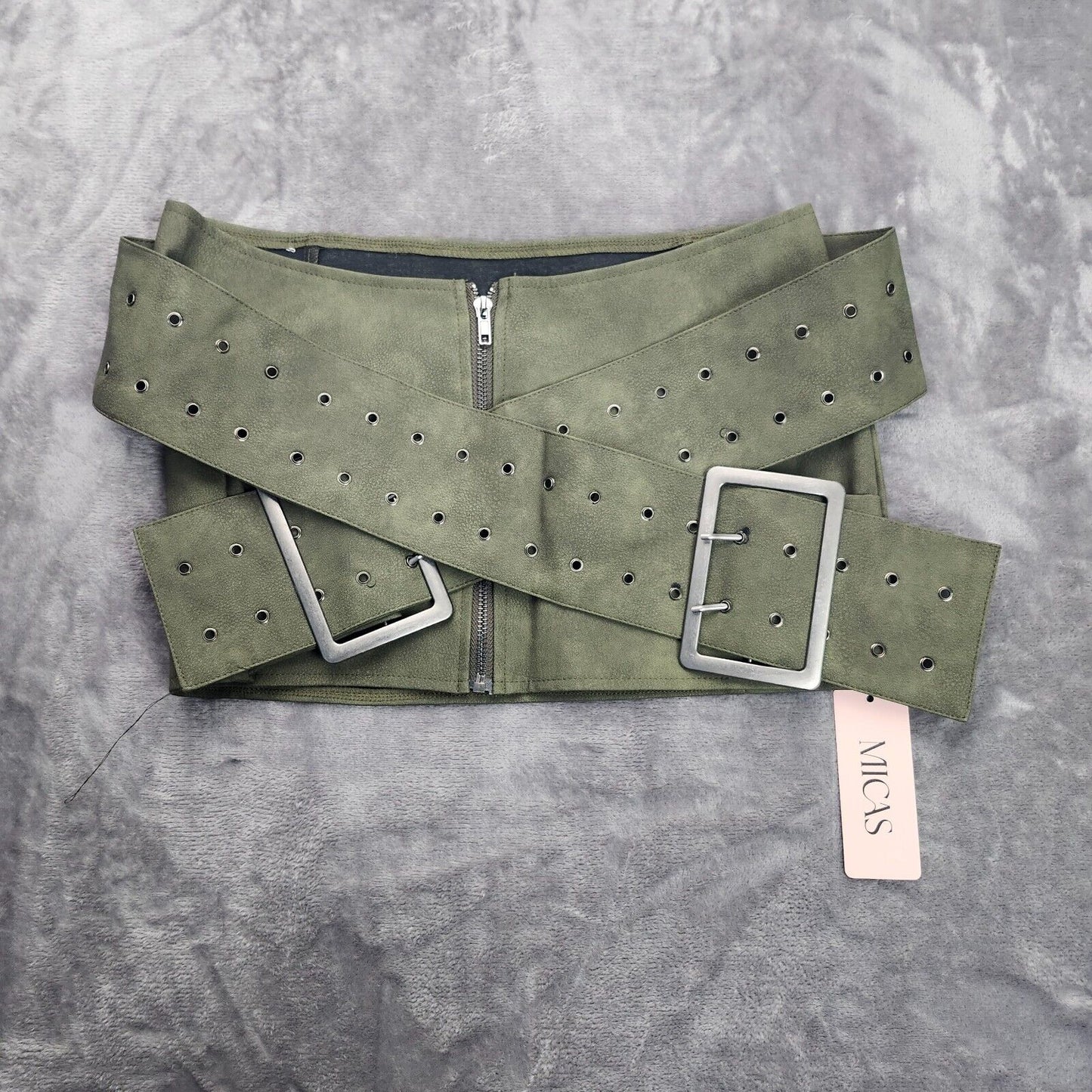 MICAS Women's Faux Leather Green Crossover Belt Mini Skirt Medium