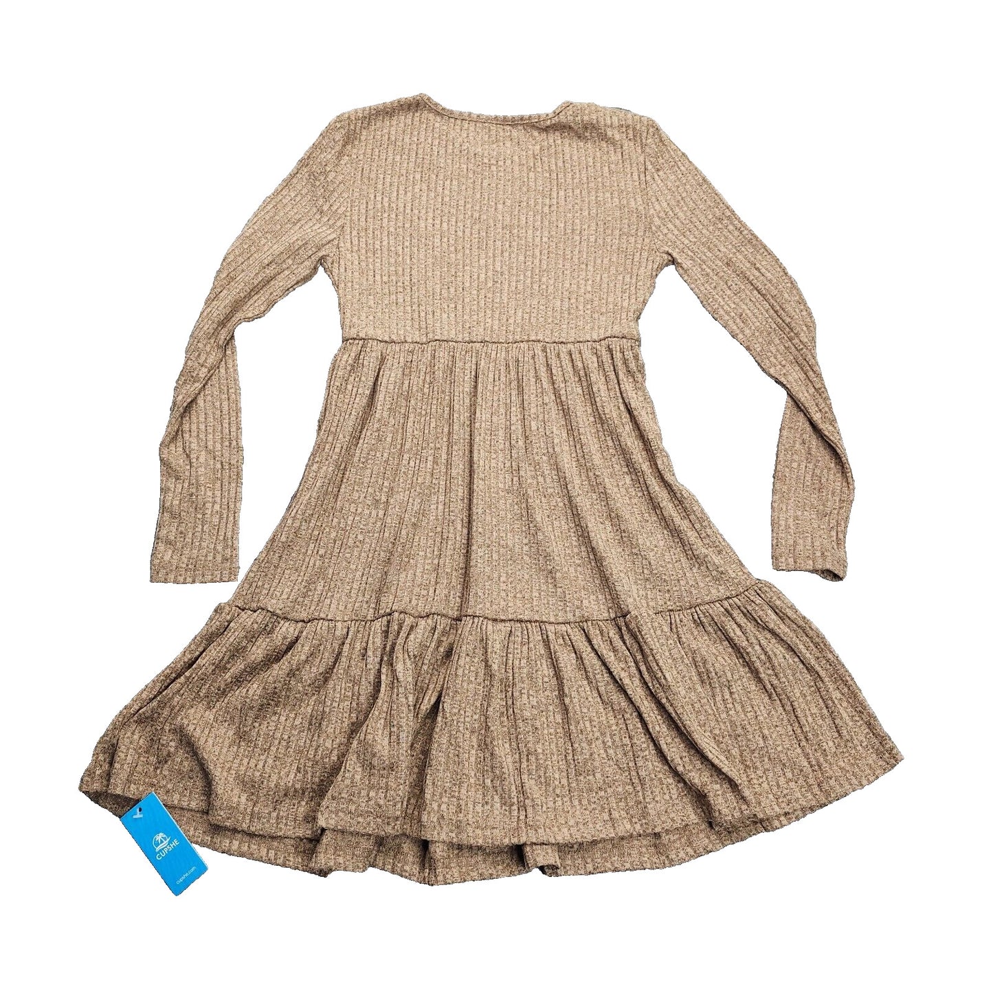 CUPSHE Womens Round Neck Long Sleeve Knit Ruffled Fitted Dress Small