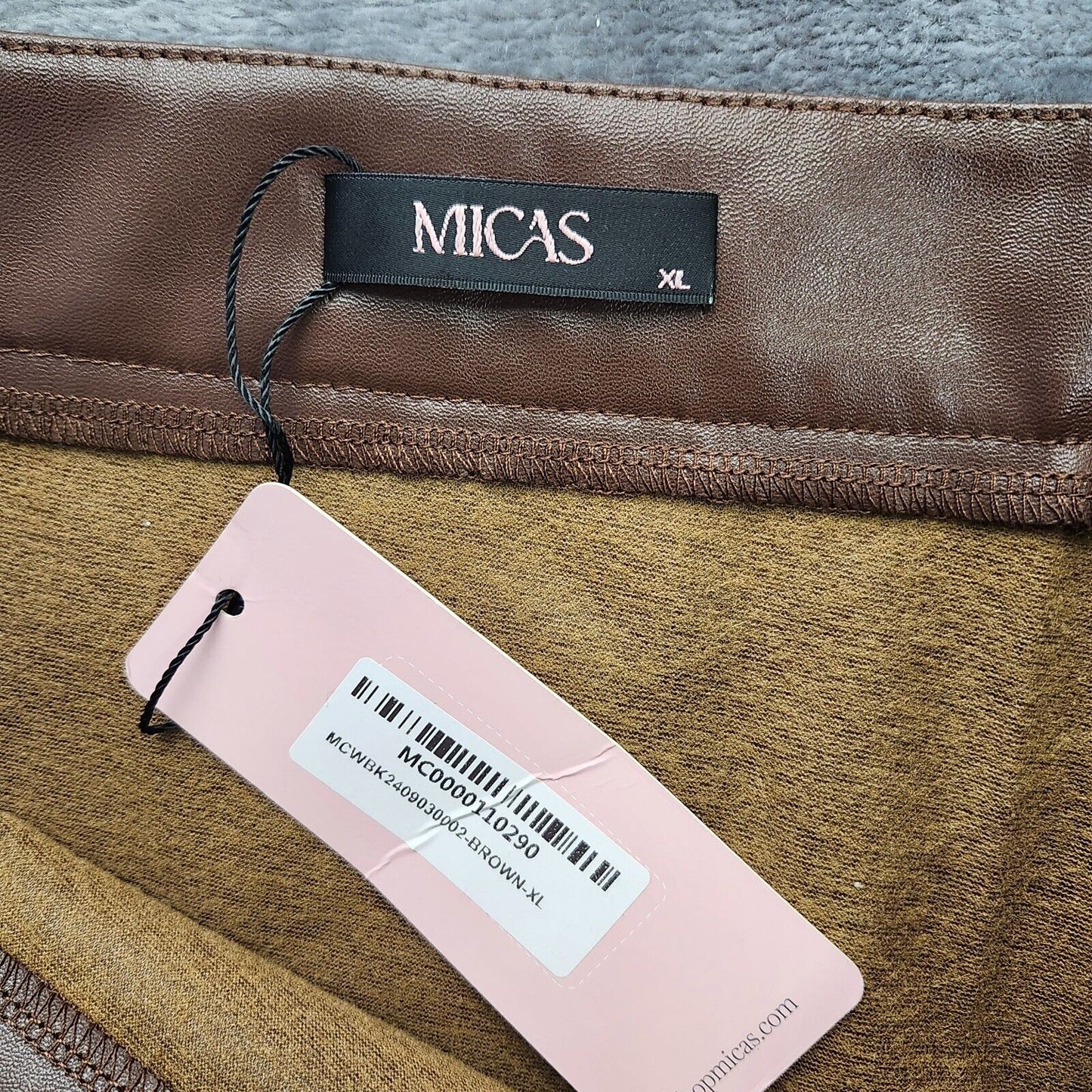 MICAS Contrast Brown Faux Leather And Linen Slit Asymmetrical Skirt XL