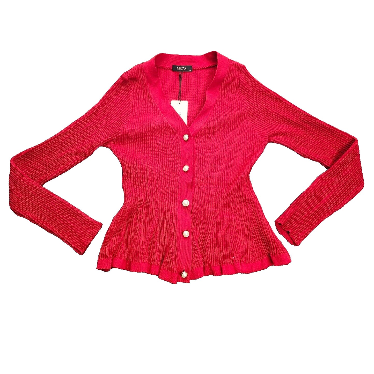 MICAS Womens Solid Knit Button Ruffled Long-Sleeve Top size Medium