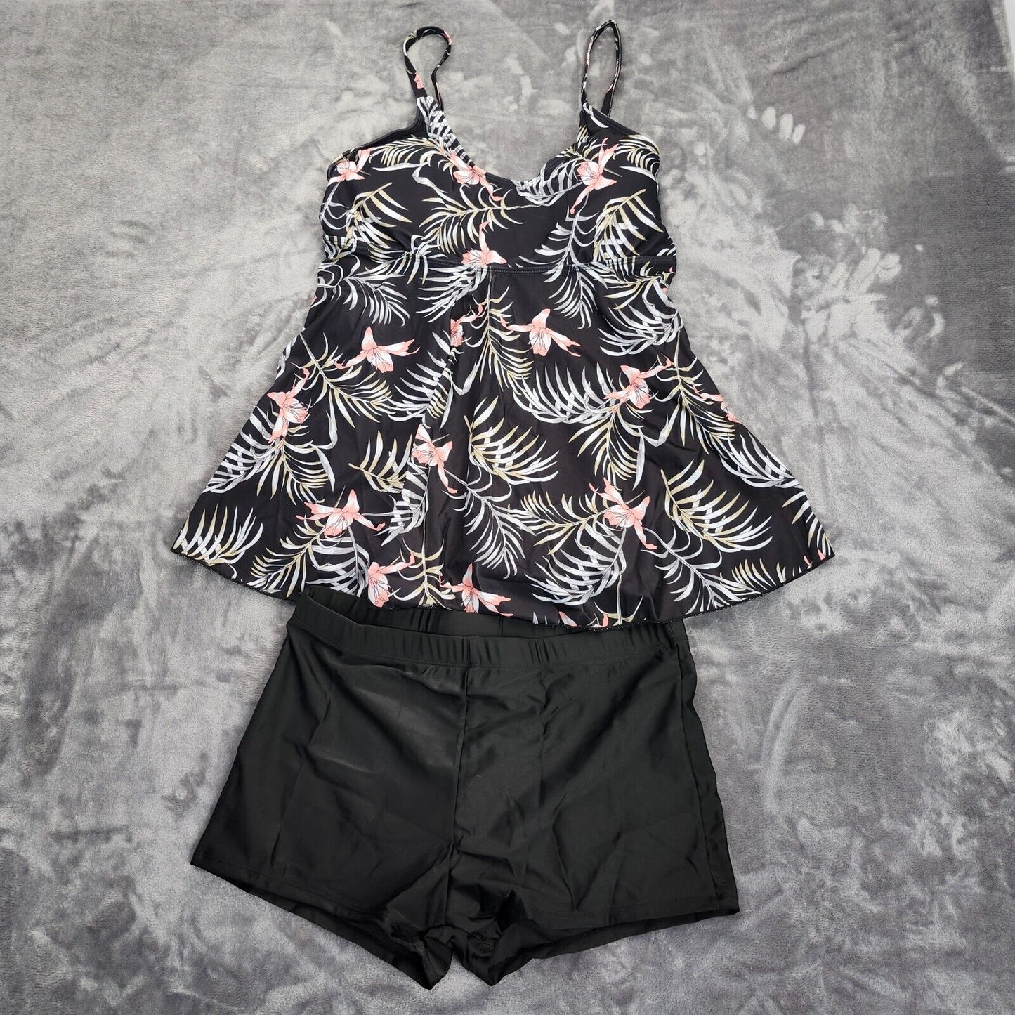 2Pcs Women Swimwear Flower Print Scoop Neck Padded Tank Tops + Swim Shorts 2XL