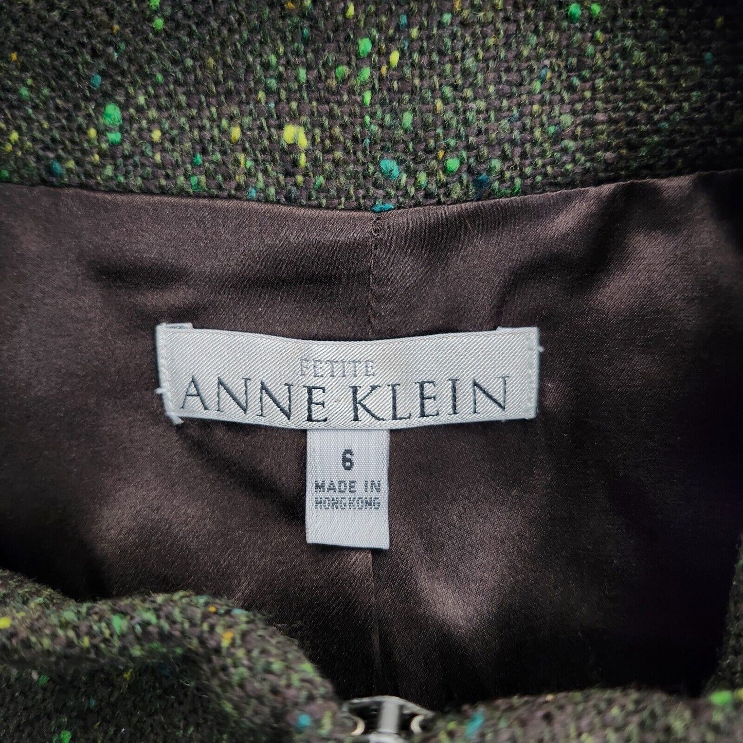 ANNE KLEIN Women's Green Flecked 100% Wool Zip Up Jacket Size 6P