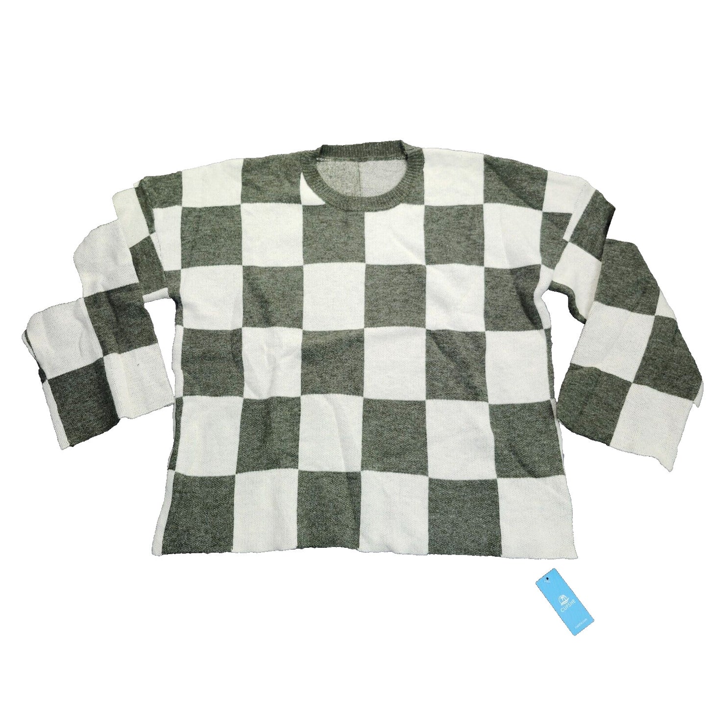 Cupshe Women's Checkered Green and White Oversized Knit Pullover Sweater XL