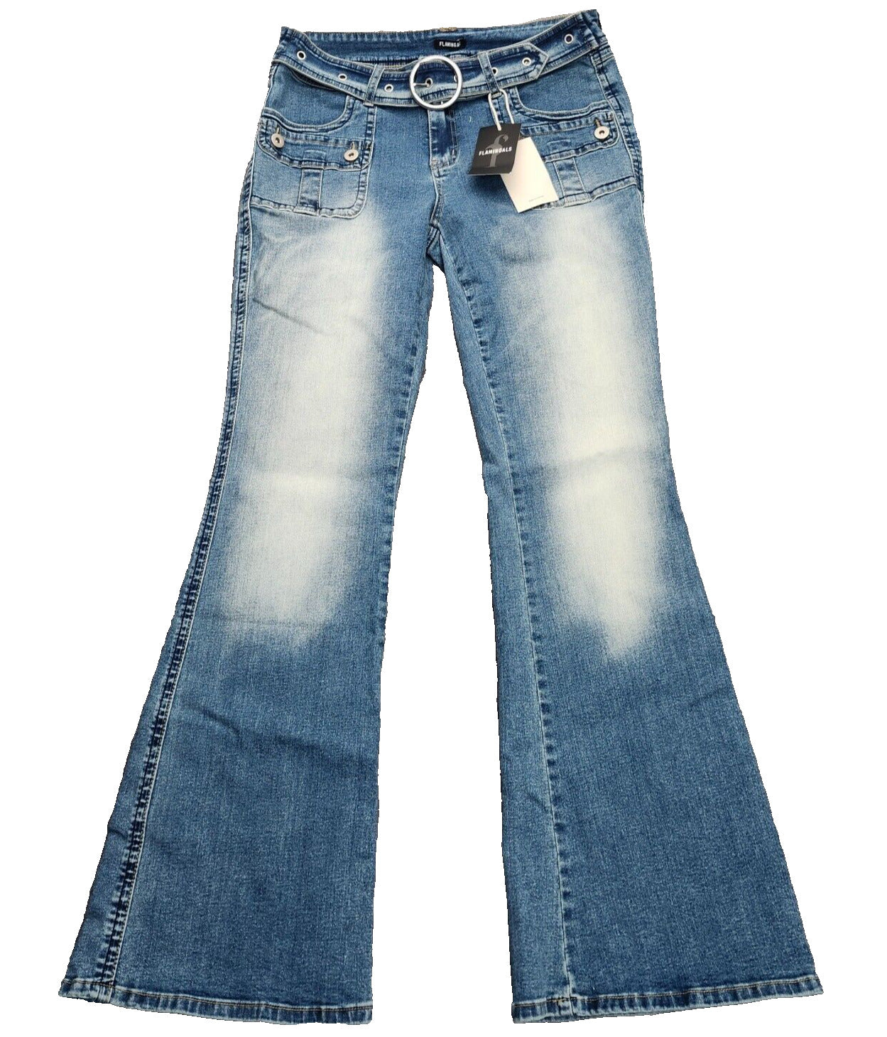 Flamingals Women's Low Rise Flare Jeans Buckle Belted Faded Denim Jeans sz Large