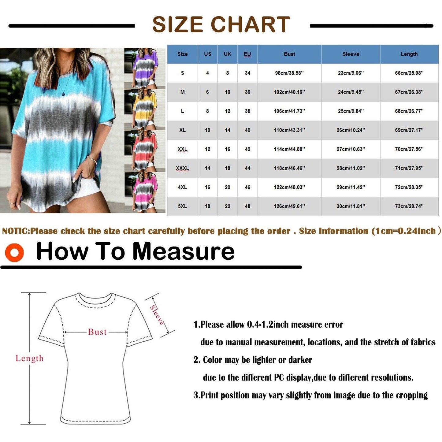 Women’s Crew Neck Short Sleeve Tie Dye Tee Shirts Blue Stripes Size 2XL